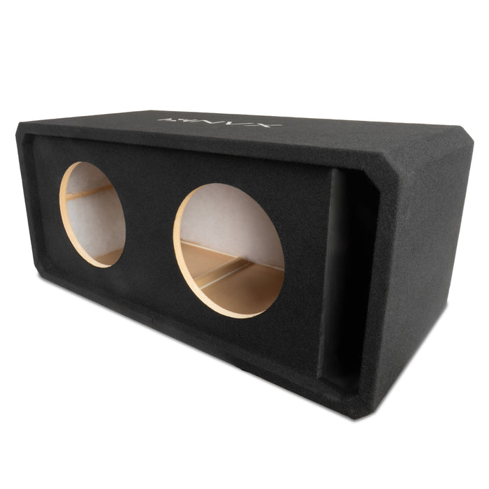 NE102P Dual 10" Slot Ported 3/4" MDF Black Carpeted Subwoofer Enclosure – 2.90 Cu. Ft. with Polyfil and NVX Logo