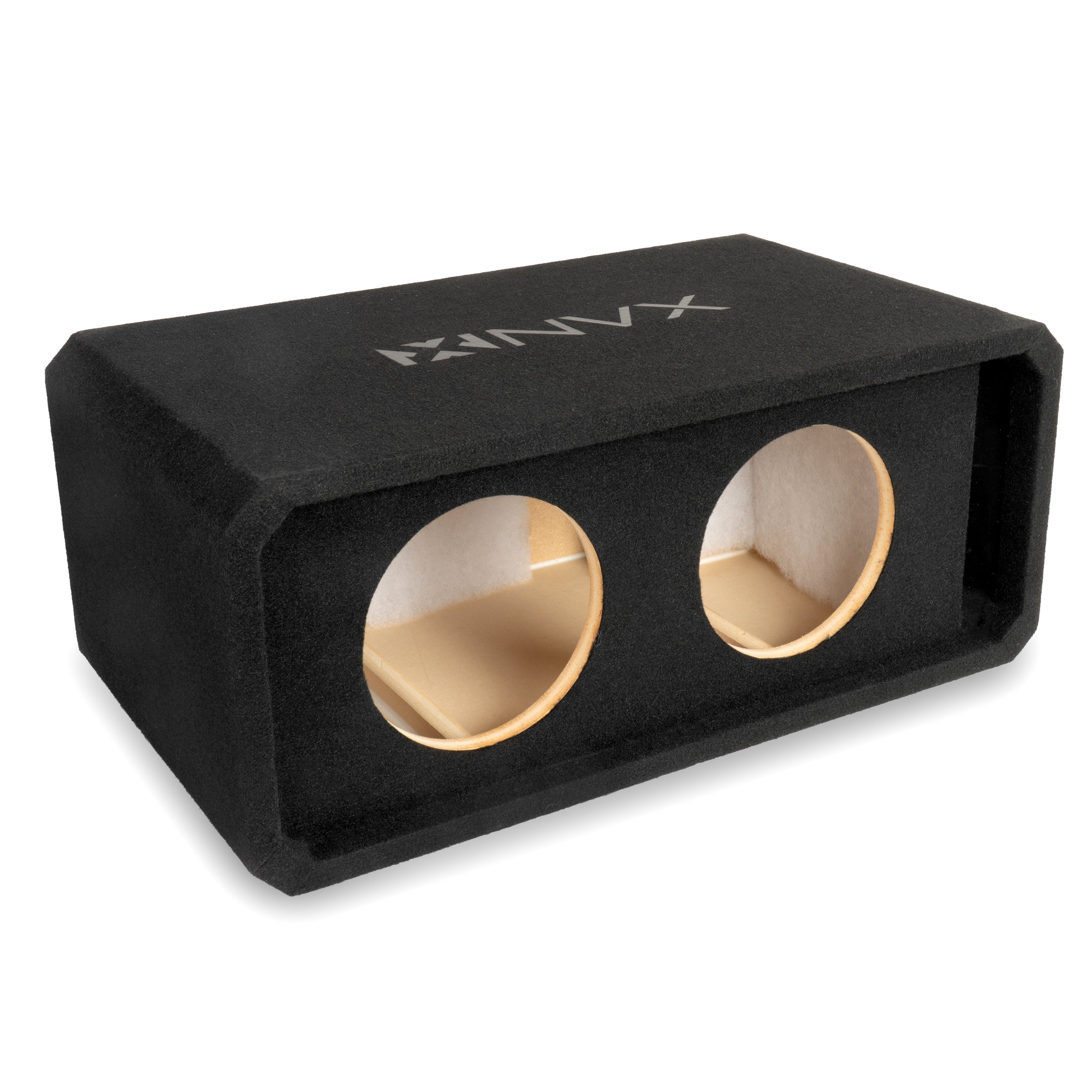 NVX unloaded subwoofer enclosure interior illustrating rear-wall damping and side-wall polyfill