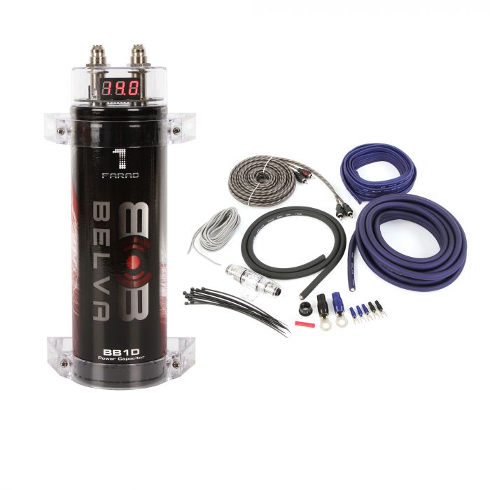 B1DK42BL | 1 Farad Capacitor + 4 Gauge 2-Channel Amplifier Wiring Kit with RCA Cable