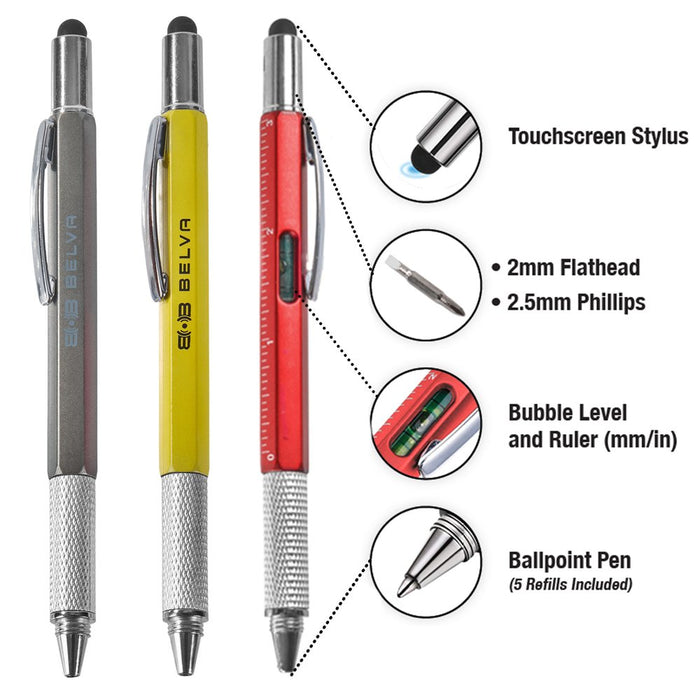 6 in 1 Multifunction Tool Pen with 5 Refills - 3 Pack Gray | Yellow | Red (BAPEN3PK)