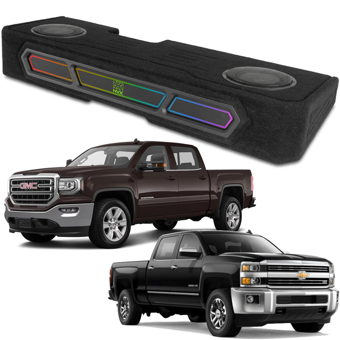 Custom Fit 1200W RMS Dual 10" Loaded BOOST Vented Truck Enclosure with LED Lighting - 2008-2018 Chevrolet Silverado and GMC Sierra Crew Cab - BE-GM-08SLVCC-P210