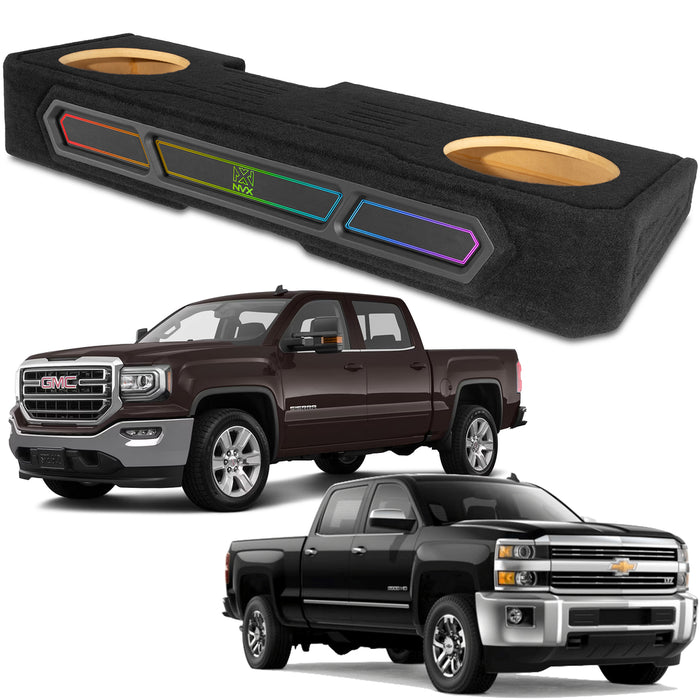 Custom Dual 12" Under-seat Ported Unloaded Subwoofer Enclosure with LED Lighting for 2008-2018 Chevrolet Silverado and GMC Sierra Crew Cab Trucks | BE-GM-08SLVCC-P212