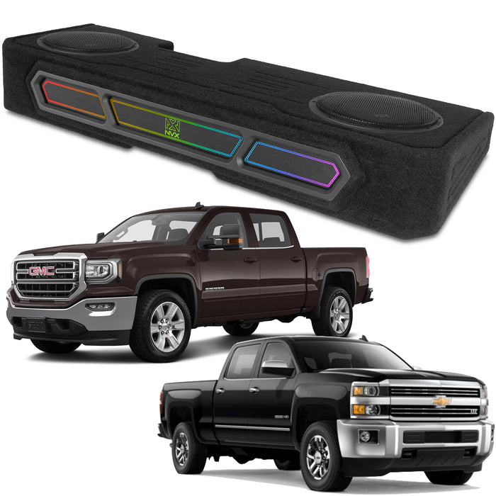Custom Fit 1200W RMS Dual 12" Loaded BOOST Vented Truck Enclosure with LED Lighting - 2008-2018 Chevrolet Silverado and GMC Sierra Crew Cab - BE-GM-08SLVCC-P212