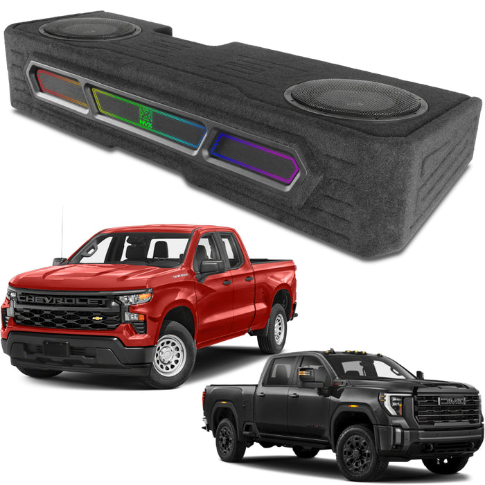 Custom Fit 1200W RMS Dual 12" Loaded BOOST Sealed Truck Enclosure with LED Lighting - 2019-2024 Chevrolet Silverado and GMC Sierra Crew Cab - BE-GM-19SLVCC-S212