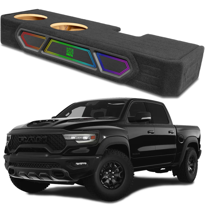 Custom Dual 10" Under-seat Ported Unloaded Subwoofer Enclosure with LED Lighting for 2019-2024 RAM 1500 Crew Cab Trucks | BE-RAM-19CC-P210