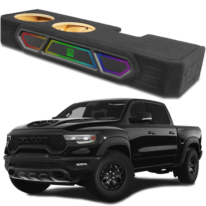 Custom Dual 12" Under-seat Ported Unloaded Subwoofer Enclosure with LED Lighting for 2019-2024 RAM 1500 Crew Cab Trucks | BE-RAM-19CC-P212