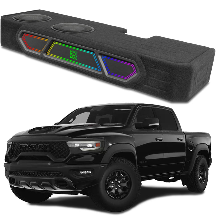 Custom Fit 1200W RMS Dual 10" Loaded BOOST Sealed Truck Enclosure with LED Lighting - 2019-2024 Ram 1500 Crew Cab - BE-RAM-19CC-S210