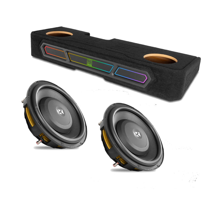 2008-2018 Chevrolet Silverado, GMC Sierra Crew Cab Bass Package - Custom Dual 10" 1200W RMS Amplified Vented Subwoofer Enclosure with Amplifier Wiring Kit - PBK-GM-08SLVCC-P210