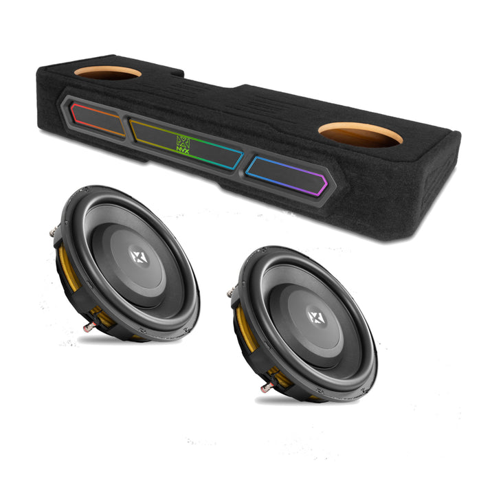 2008-2018 Chevrolet Silverado, GMC Sierra Crew Cab Bass Package - Custom Dual 10" 1200W RMS Amplified Sealed Subwoofer Enclosure with Amplifier Wiring Kit - PBK-GM-08SLVCC-S210