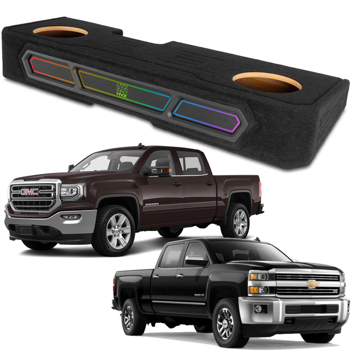 2008-2018 Chevrolet Silverado, GMC Sierra Crew Cab Bass Package - Custom Dual 10" 1200W RMS Amplified Sealed Subwoofer Enclosure with Amplifier Wiring Kit - PBK-GM-08SLVCC-S210
