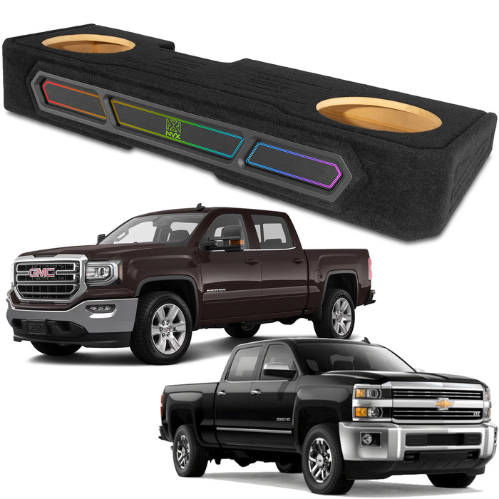 2008-2018 Chevrolet Silverado, GMC Sierra Crew Cab Bass Package - Custom Dual 12" 1200W RMS Amplified Sealed Subwoofer Enclosure with Amplifier Wiring Kit - PBK-GM-08SLVCC-S212