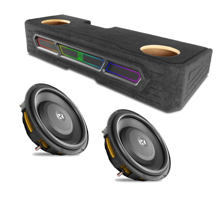 2019-2024 Chevrolet Silverado, GMC Sierra Crew Cab Bass Package - Custom Dual 10" 1200W RMS Amplified Vented Subwoofer Enclosure with Amplifier Wiring Kit - PBK-GM-19SLVCC-P210