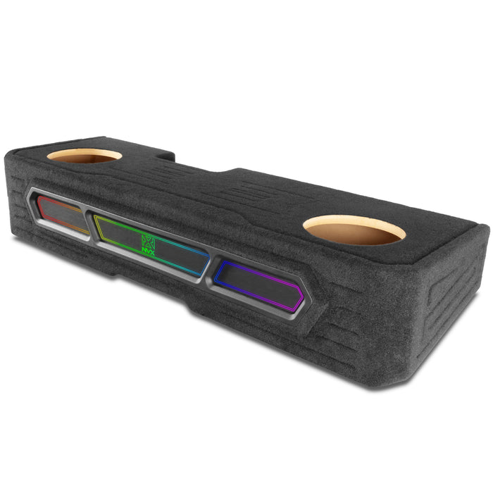 2019-2024 Chevrolet Silverado, GMC Sierra Crew Cab Bass Package - Custom Dual 10" 1200W RMS Amplified Vented Subwoofer Enclosure with Amplifier Wiring Kit - PBK-GM-19SLVCC-P210