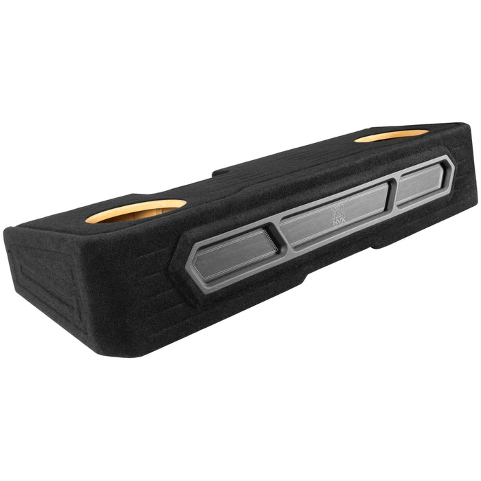 2019-2024 Chevrolet Silverado, GMC Sierra Crew Cab Bass Package - Custom Dual 10" 1200W RMS Amplified Vented Subwoofer Enclosure with Amplifier Wiring Kit - PBK-GM-19SLVCC-P210