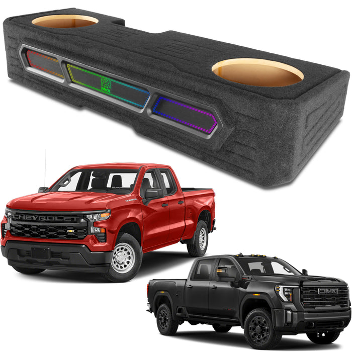 2019-2024 Chevrolet Silverado, GMC Sierra Crew Cab Bass Package - Custom Dual 12" 1200W RMS Amplified Vented Subwoofer Enclosure with Amplifier Wiring Kit - PBK-GM-19SLVCC-P212