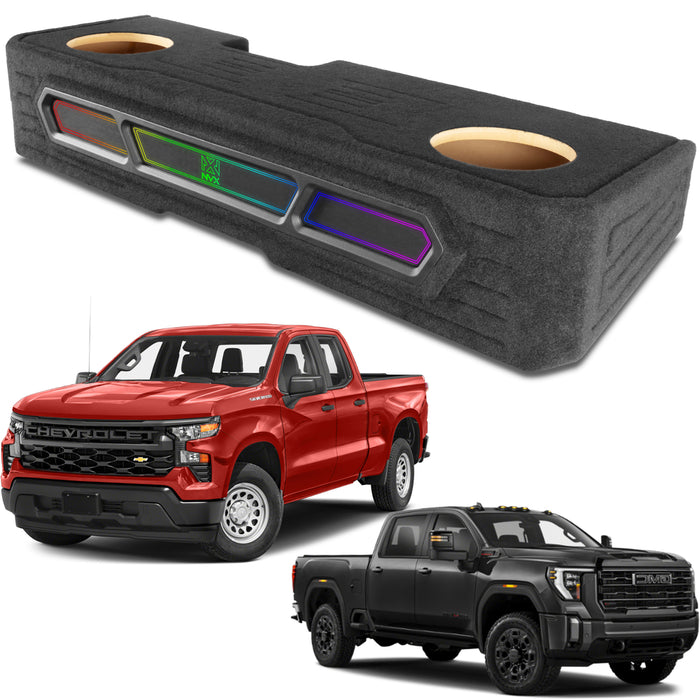 2019-2024 Chevrolet Silverado, GMC Sierra Crew Cab Bass Package - Custom Dual 10" 1200W RMS Amplified Sealed Subwoofer Enclosure with Amplifier Wiring Kit - PBK-GM-19SLVCC-S210