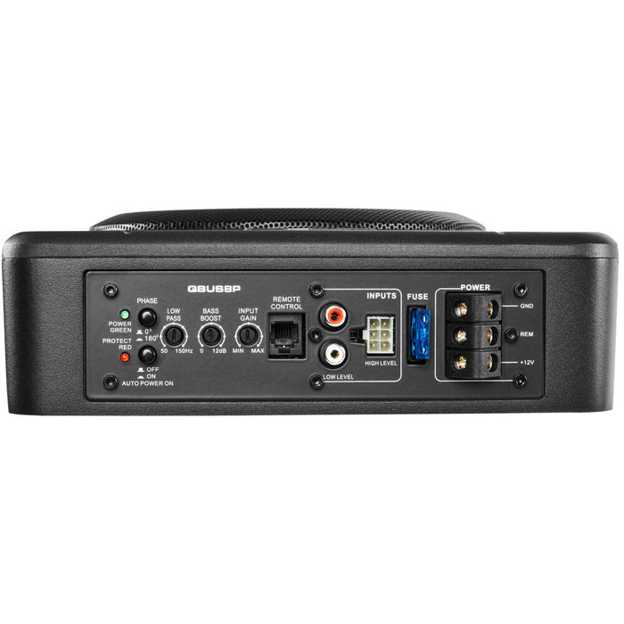 QBUS8P 300W Peak (150W) RMS 8" Ported Amplified Loaded Under Seat Subwoofer System with Remote Bass Knob and Amplifier Wiring Kit
