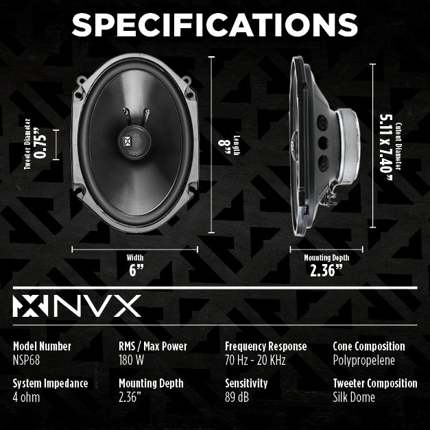 NSP68 540W Peak (180W RMS) 6x8" N-Series 2-Way Coaxial Speakers with 20mm Silk Dome Tweeters