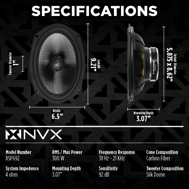 XSP692 900W Peak (300W) RMS X-Series 6"x9" 2-Way Coaxial Speakers with Carbon Fiber Cones and 25mm Silk Dome Tweeters