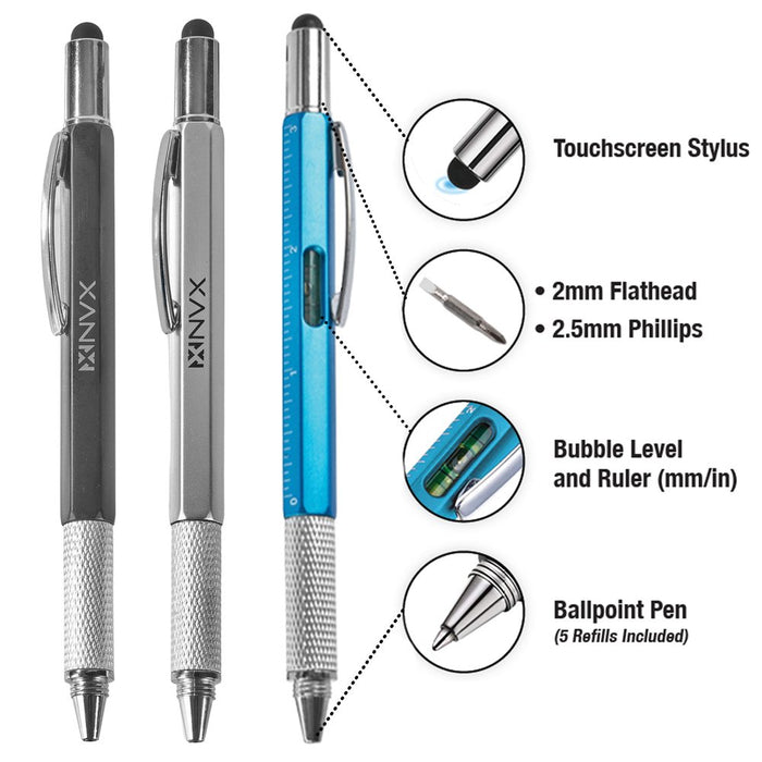 6 in 1 Multifunction Tool Pen with 5 Refills - 3 Pack Black | Blue | Silver (NAPEN3PK)